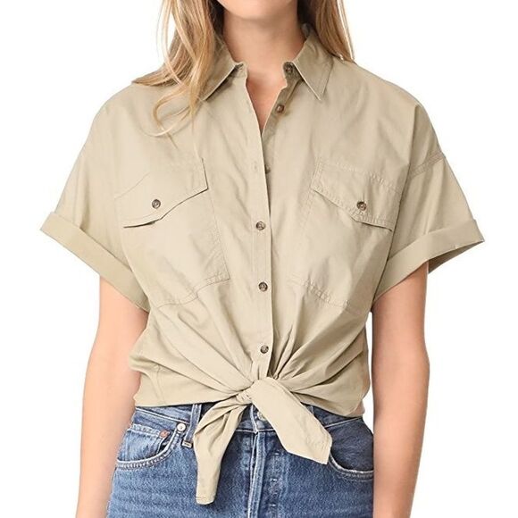 MADEWELL Embroidered Tie Front Safari Shirt Womens Small Floral Tan Camp Western - Picture 5 of 12
